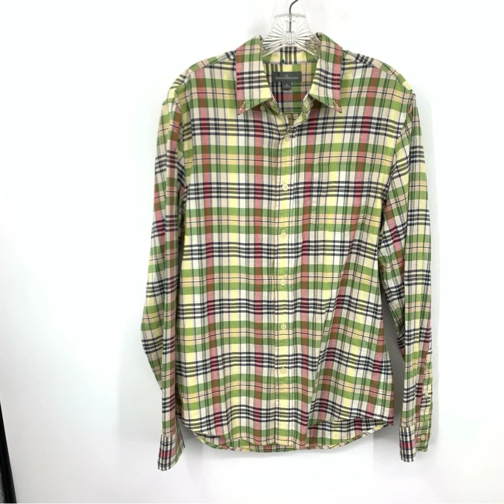 LL Bean Signature Men Size Small Shirt Button Down Top Green Yellow Plaid Cotton